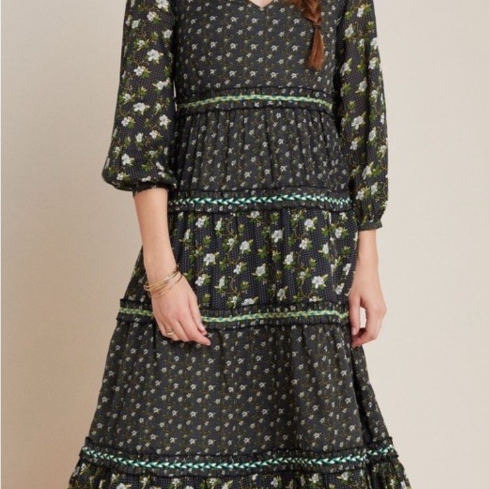 Anthropologie Black Floral 3/4 Sleeve Midi Dress